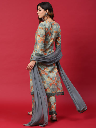 Grey Floral Print Kurta Pant With Dupatta