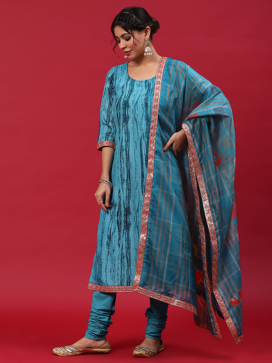 Blue Shibori Print Kurta Churidar With Dupatta