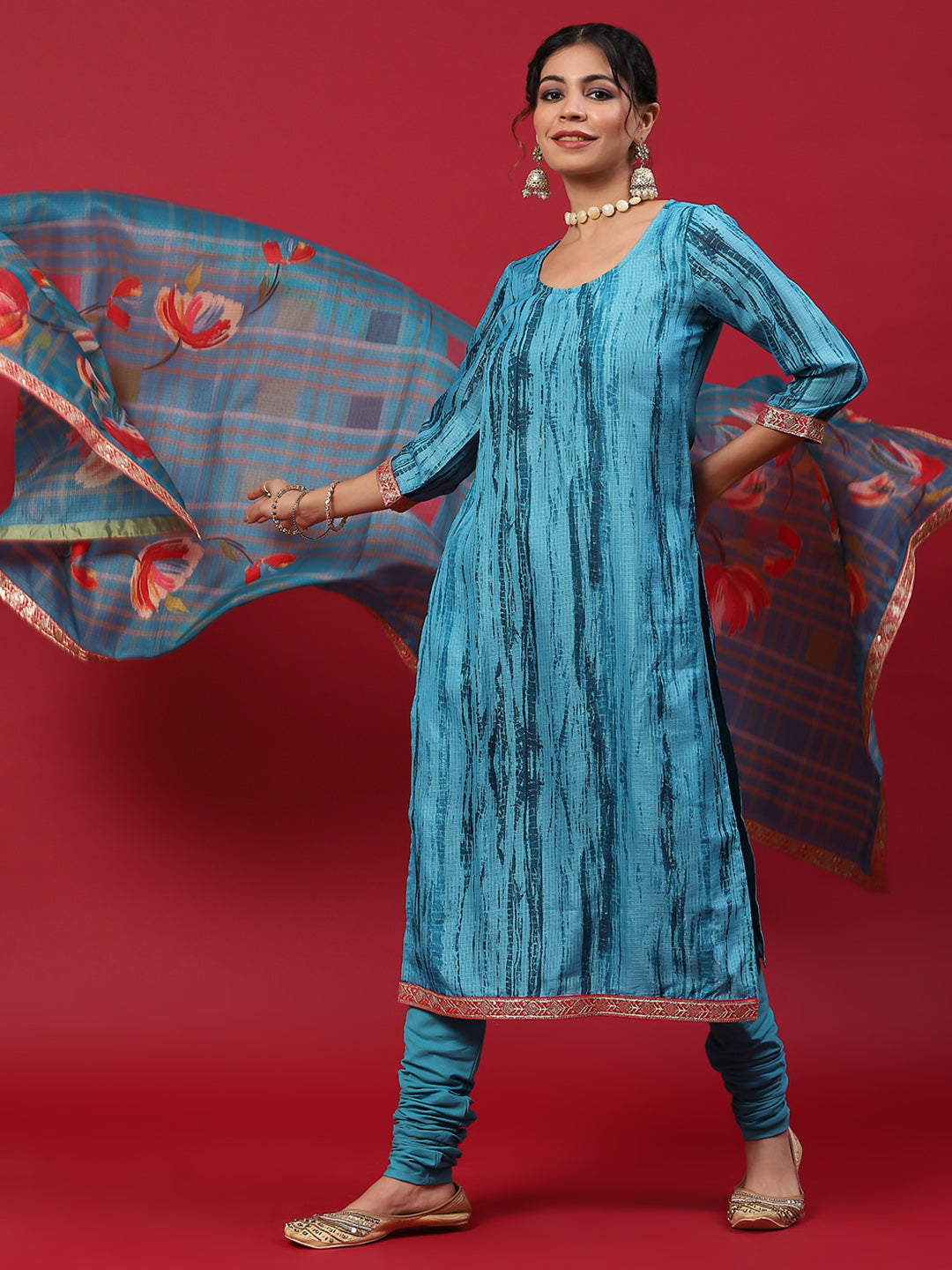 Blue Shibori Print Kurta Churidar With Dupatta