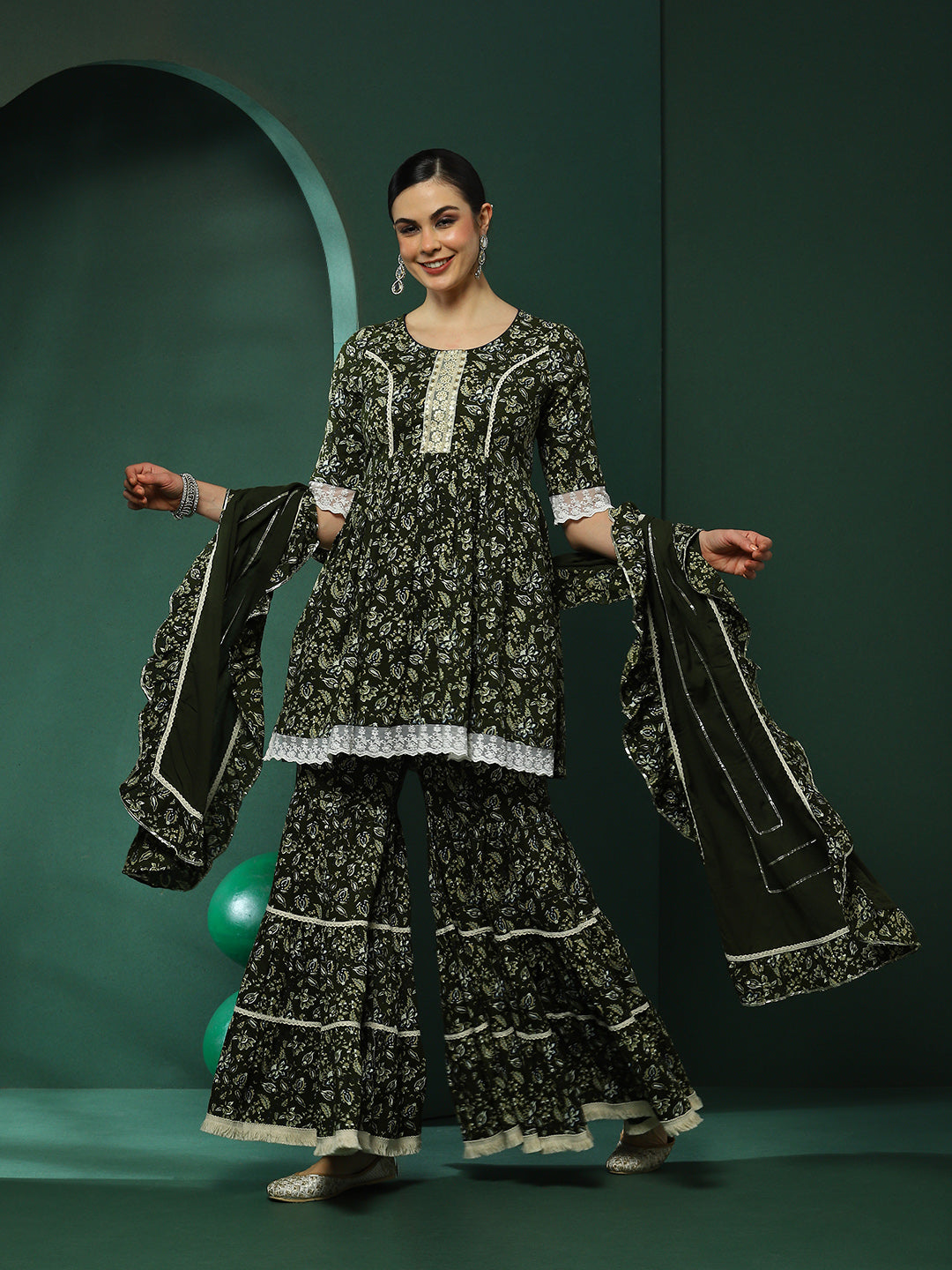 Green Floral Print Kurta Sharara With Lace Detailed Dupatta