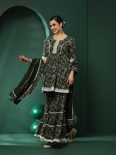 Green Floral Print Kurta Sharara With Lace Detailed Dupatta