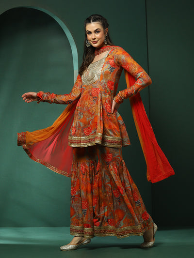 Multicolor Floral Print Kurta Sharara With Dupatta