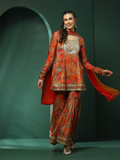 Multicolor Floral Print Kurta Sharara With Dupatta