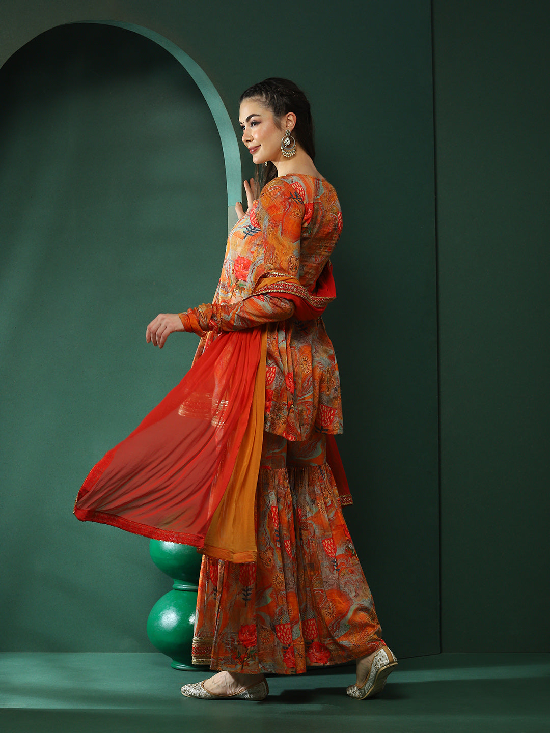 Multicolor Floral Print Kurta Sharara With Dupatta