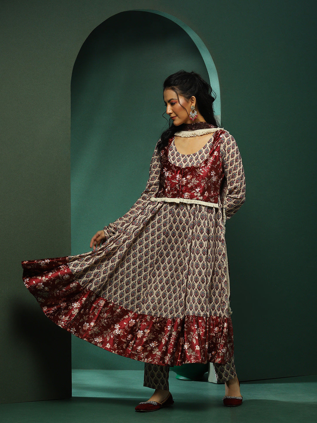 Maroon & Cream Floral Print Anarkali Pant With Jacket & Dupatta