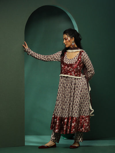 Maroon & Cream Floral Print Anarkali Pant With Jacket & Dupatta