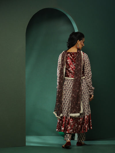 Maroon & Cream Floral Print Anarkali Pant With Jacket & Dupatta