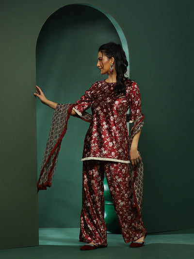 Maroon Floral Print Co-Ords Set With Dupatta