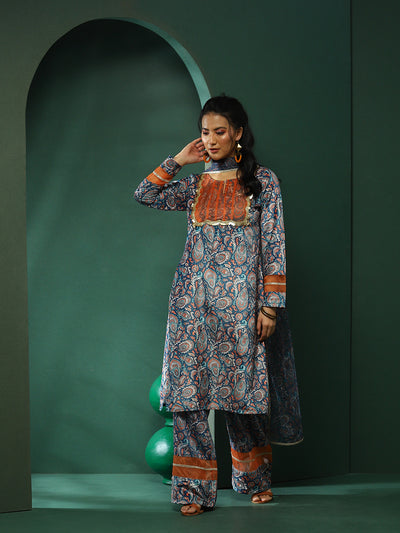 Blue Persian Motif Suit Set with Dupatta