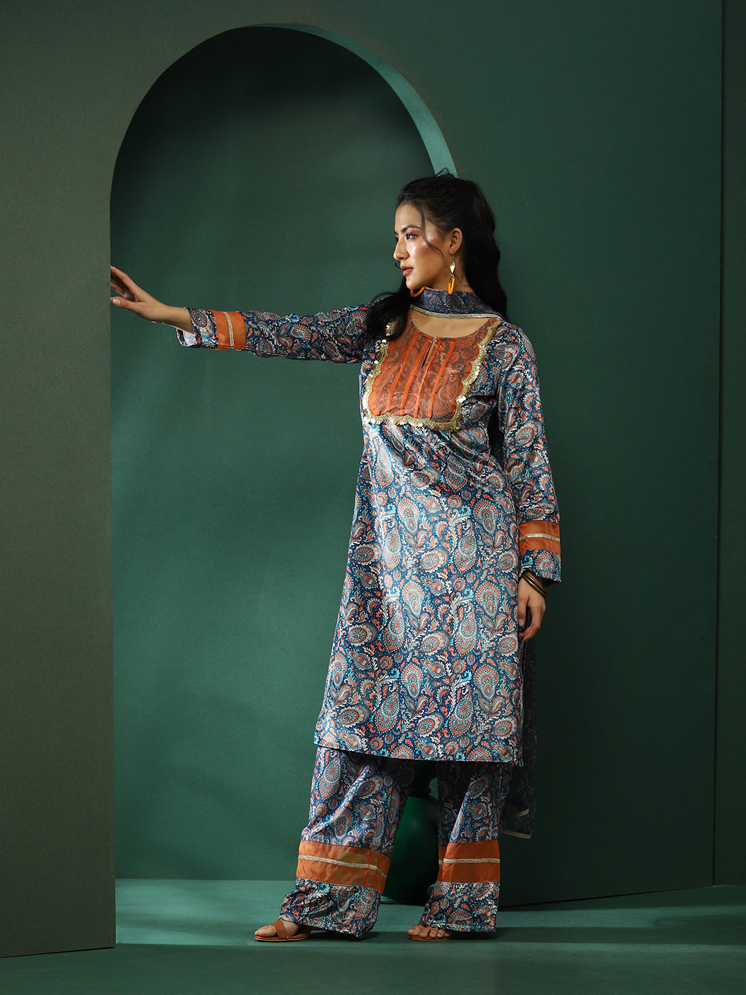 Blue Persian Motif Suit Set with Dupatta