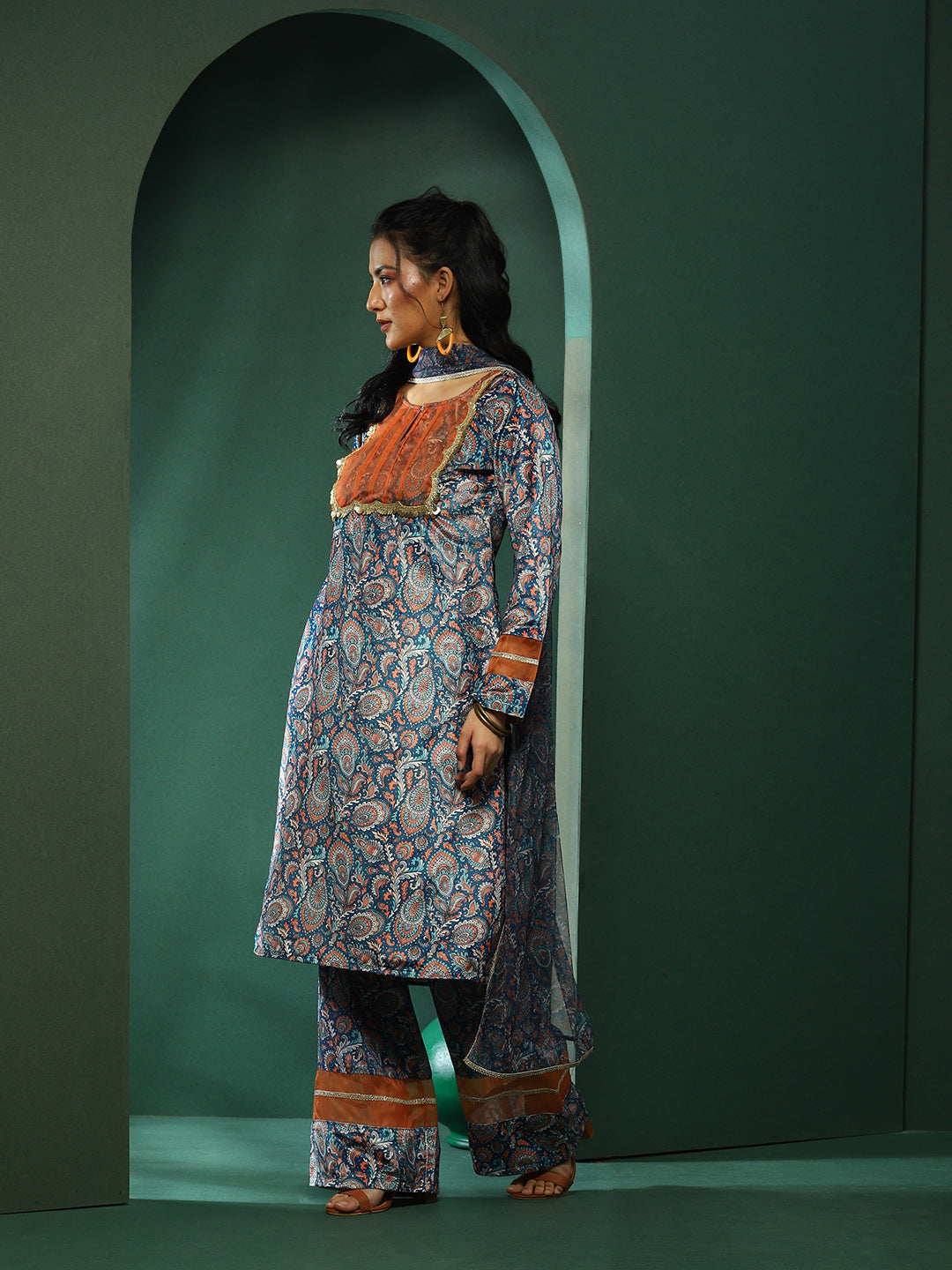 Blue Persian Motif Suit Set with Dupatta