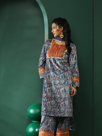 Blue Persian Motif Suit Set with Dupatta