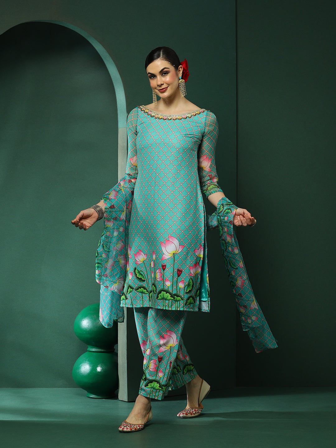 Green Pichwai Printed Kurta Palazzo With Dupatta