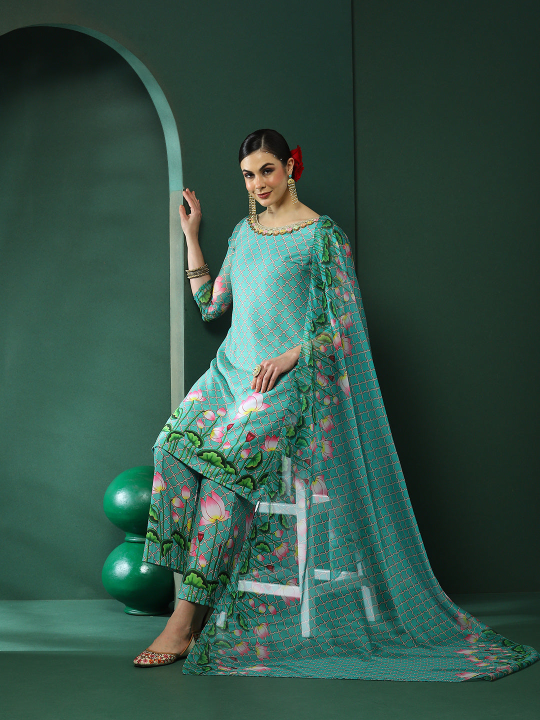 Green Pichwai Printed Kurta Palazzo With Dupatta