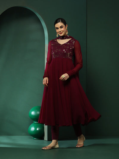 Burgundy Embroidered Anarkali Pant With Dupatta