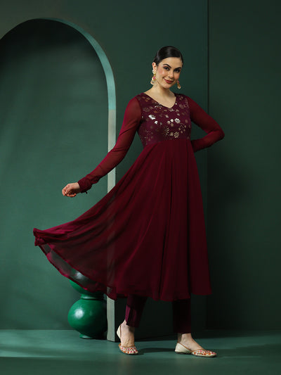 Burgundy Embroidered Anarkali Pant With Dupatta