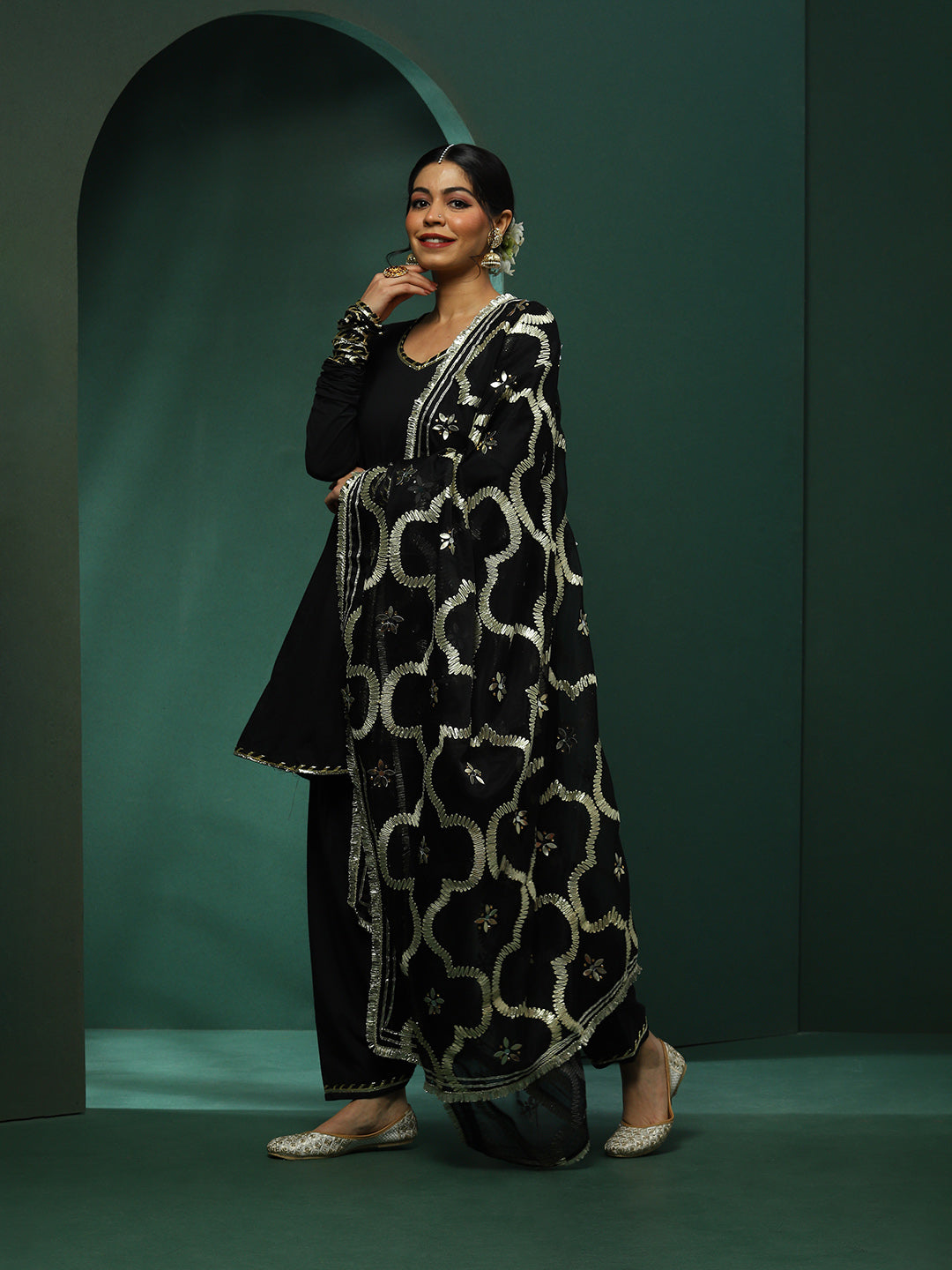 Black Pakistani Kurta Salwar With Embellished Dupatta