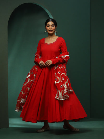 Red Anarkali Pant With Embellished Dupatta