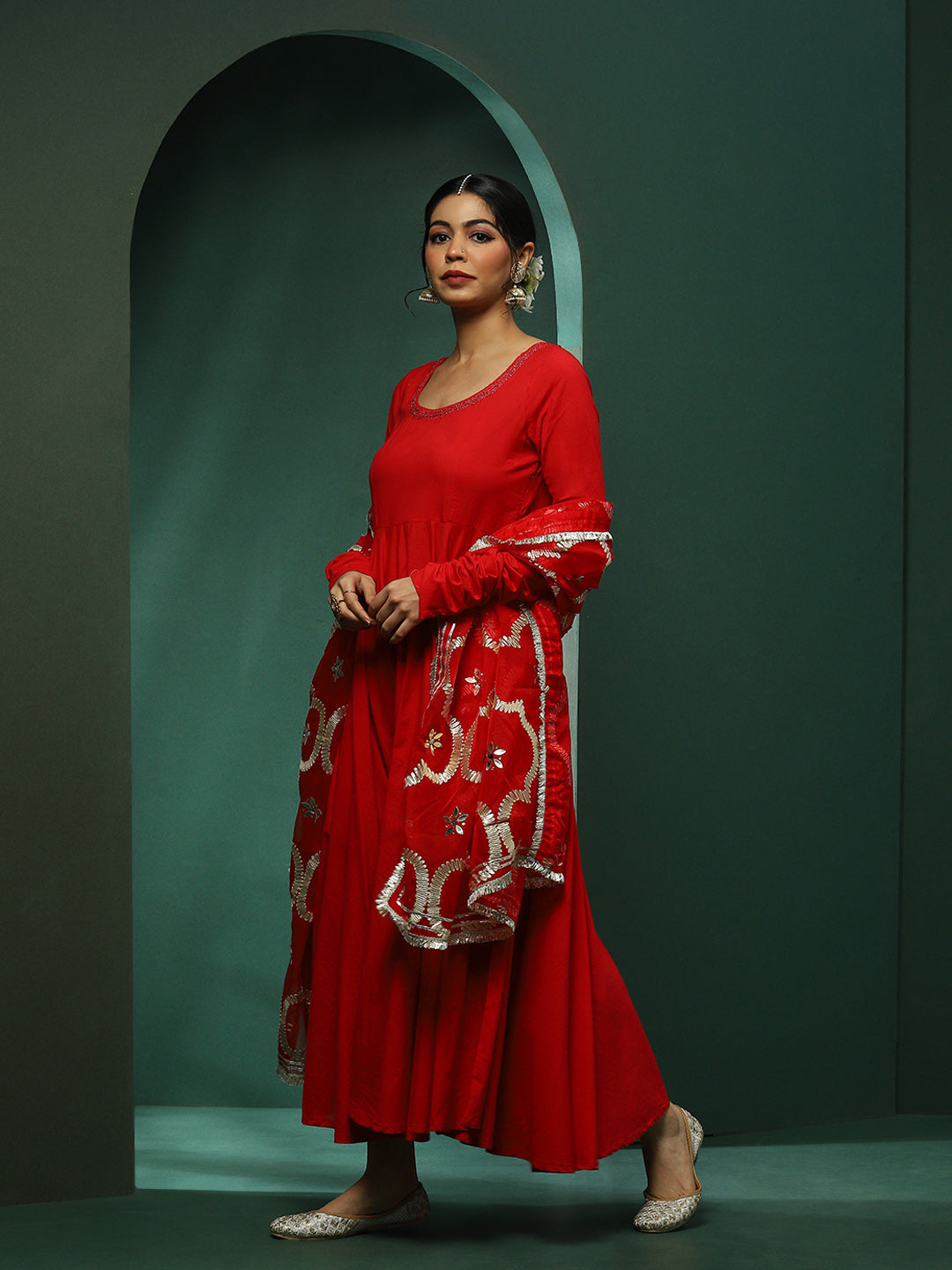 Red Anarkali Pant With Embellished Dupatta