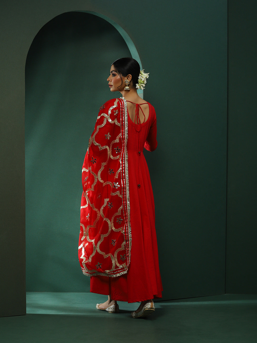 Red Anarkali Pant With Embellished Dupatta