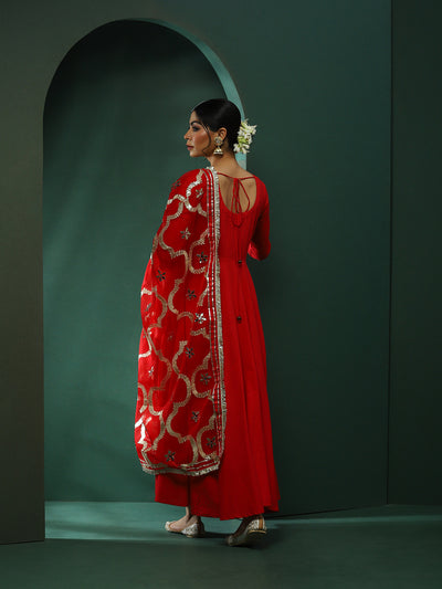 Red Anarkali Pant With Embellished Dupatta