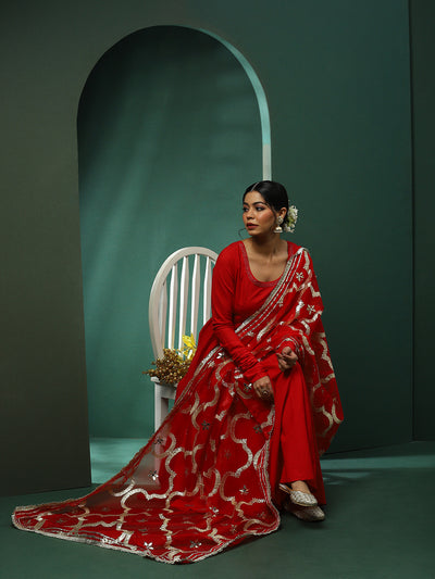 Red Anarkali Pant With Embellished Dupatta