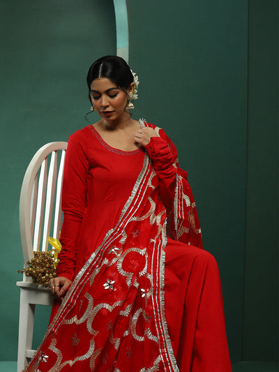 Red Anarkali Pant With Embellished Dupatta