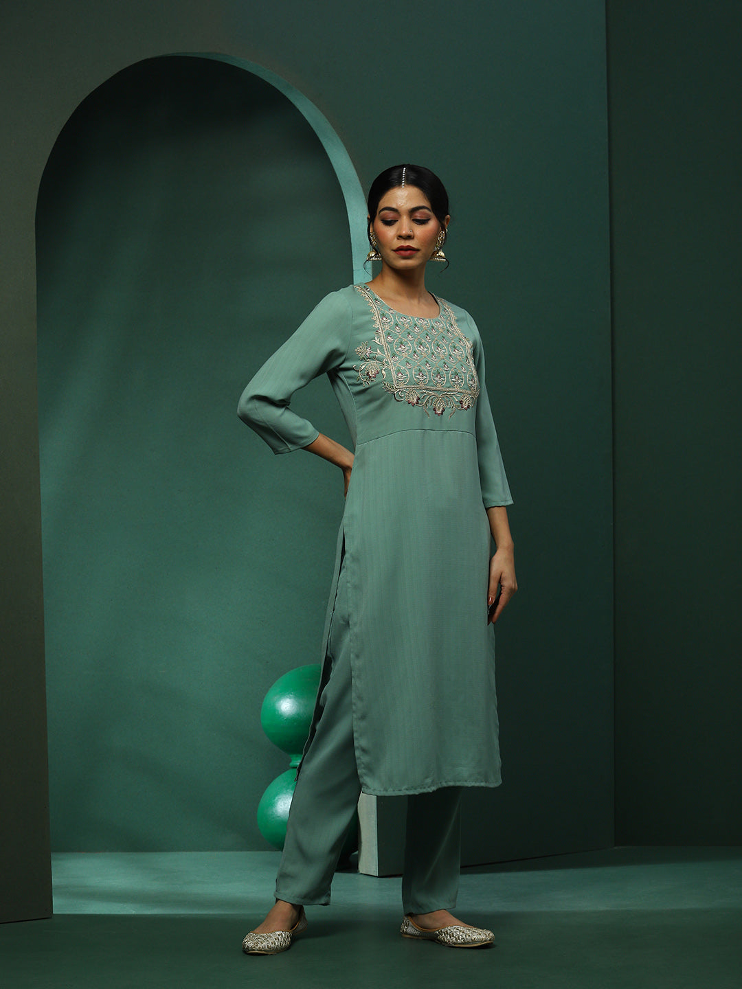 Green Embroidered Kurta Pant With Mirror Work Pakistani Dupatta