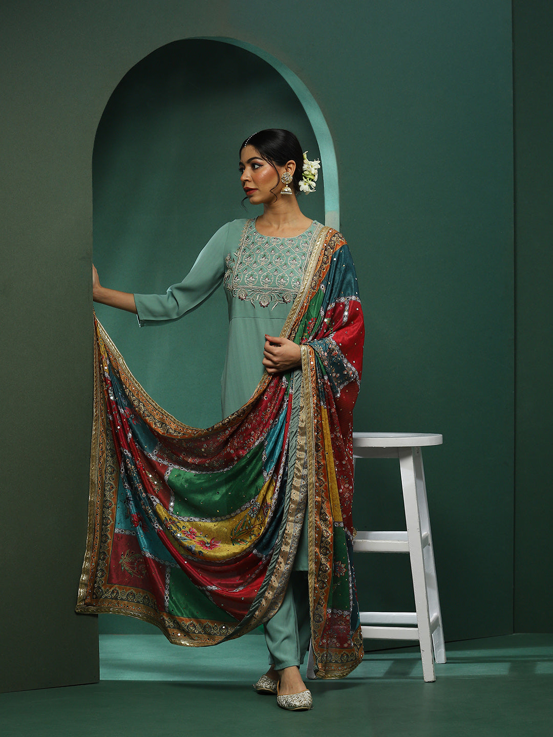 Green Embroidered Kurta Pant With Mirror Work Pakistani Dupatta