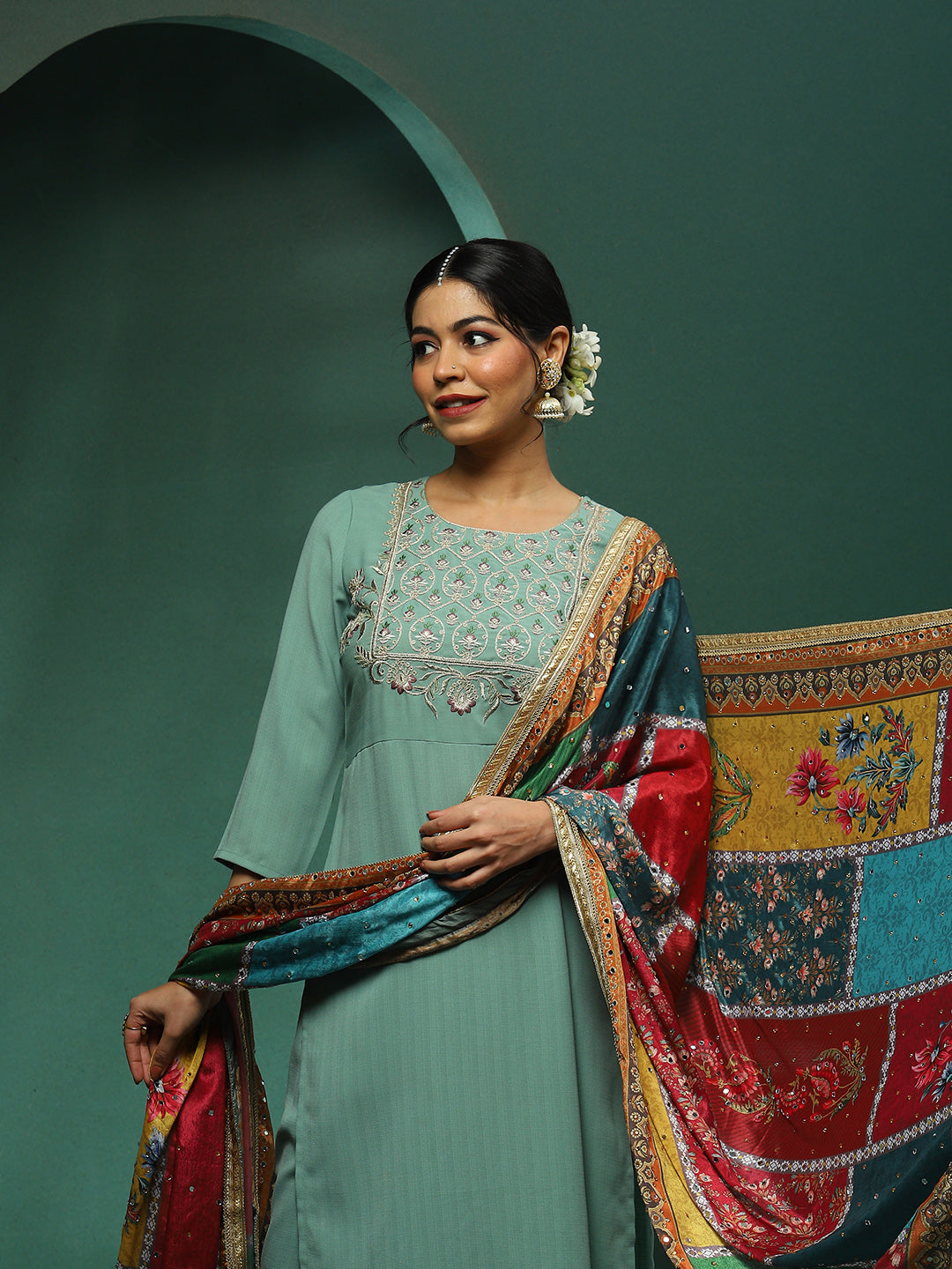 Green Embroidered Kurta Pant With Mirror Work Pakistani Dupatta