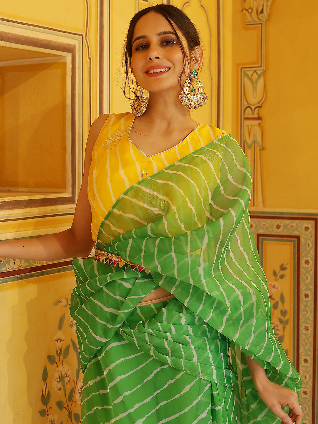 Yellow Leheria Printed Saree With Blouse
