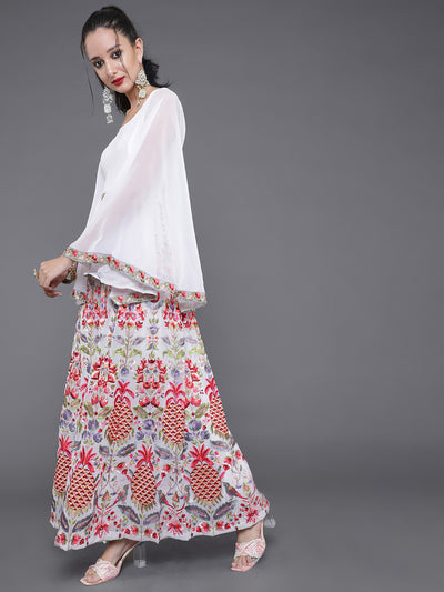 White Embroidered Maxi Dress With Cape Sleeves