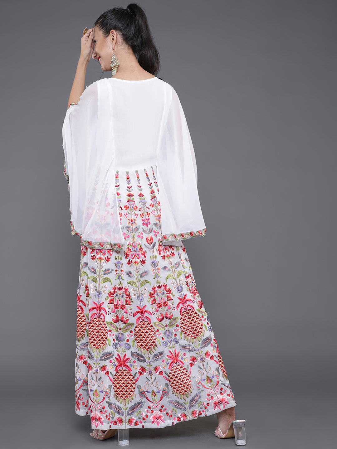 White Embroidered Maxi Dress With Cape Sleeves