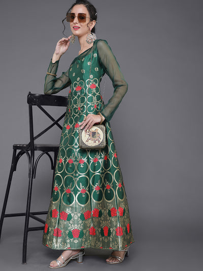 Green Floral Zari Jacquard Design Maxi Dress