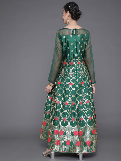 Green Floral Zari Jacquard Design Maxi Dress