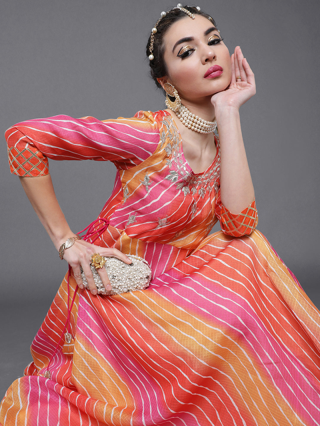 Orange & Pink Leheriya Print Flared Maxi Dress