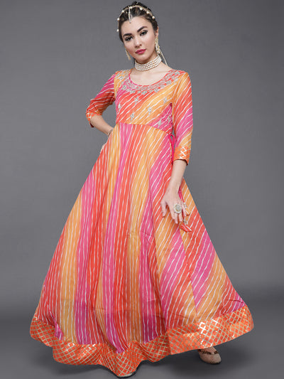 Orange & Pink Leheriya Print Flared Maxi Dress