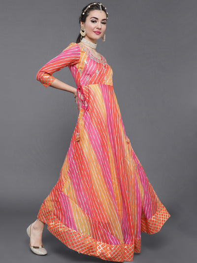 Orange & Pink Leheriya Print Flared Maxi Dress