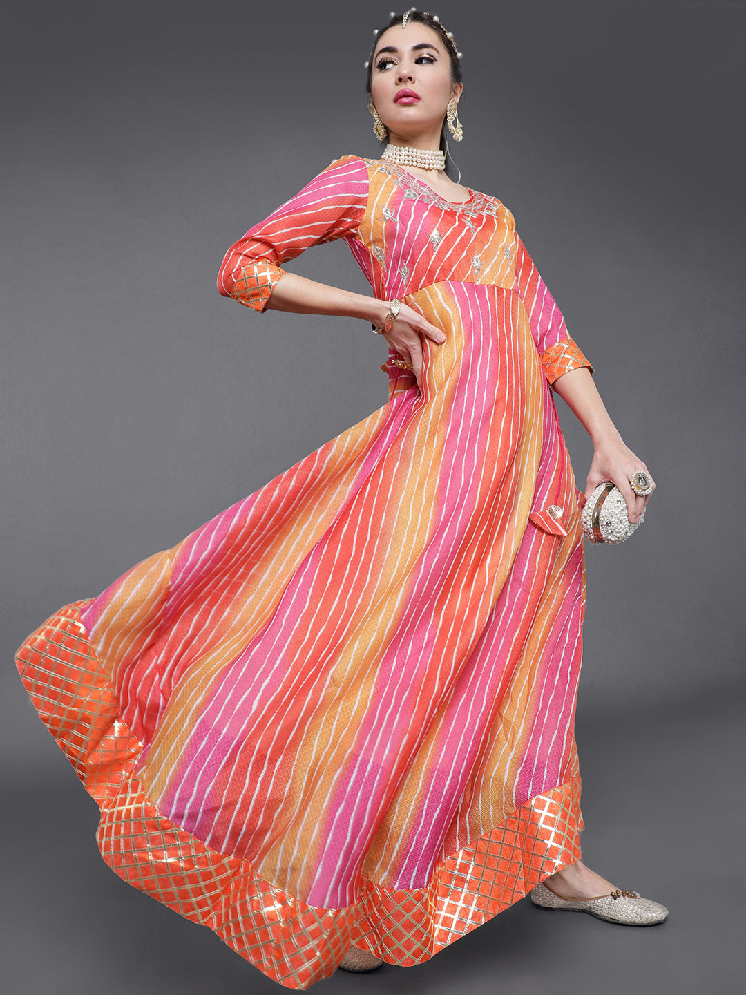 Orange & Pink Leheriya Print Flared Maxi Dress