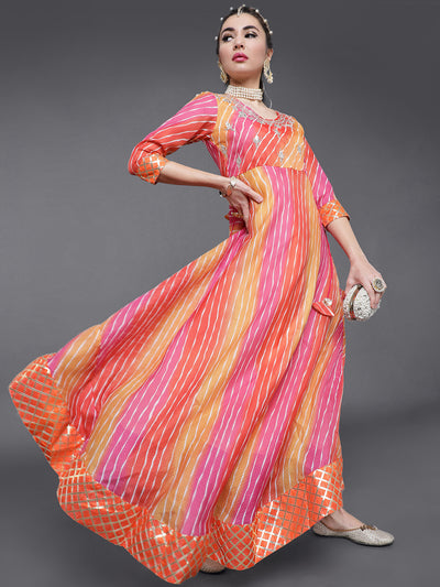 Orange & Pink Leheriya Print Flared Maxi Dress