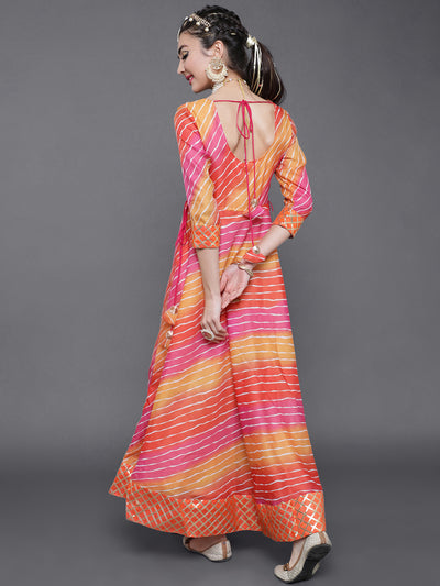 Orange & Pink Leheriya Print Flared Maxi Dress