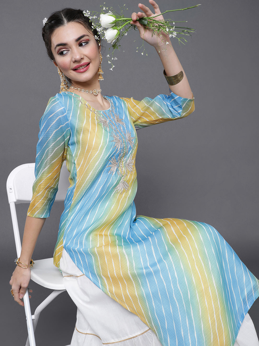 Blue Leheriya Print Yoke Embroidered Kurta