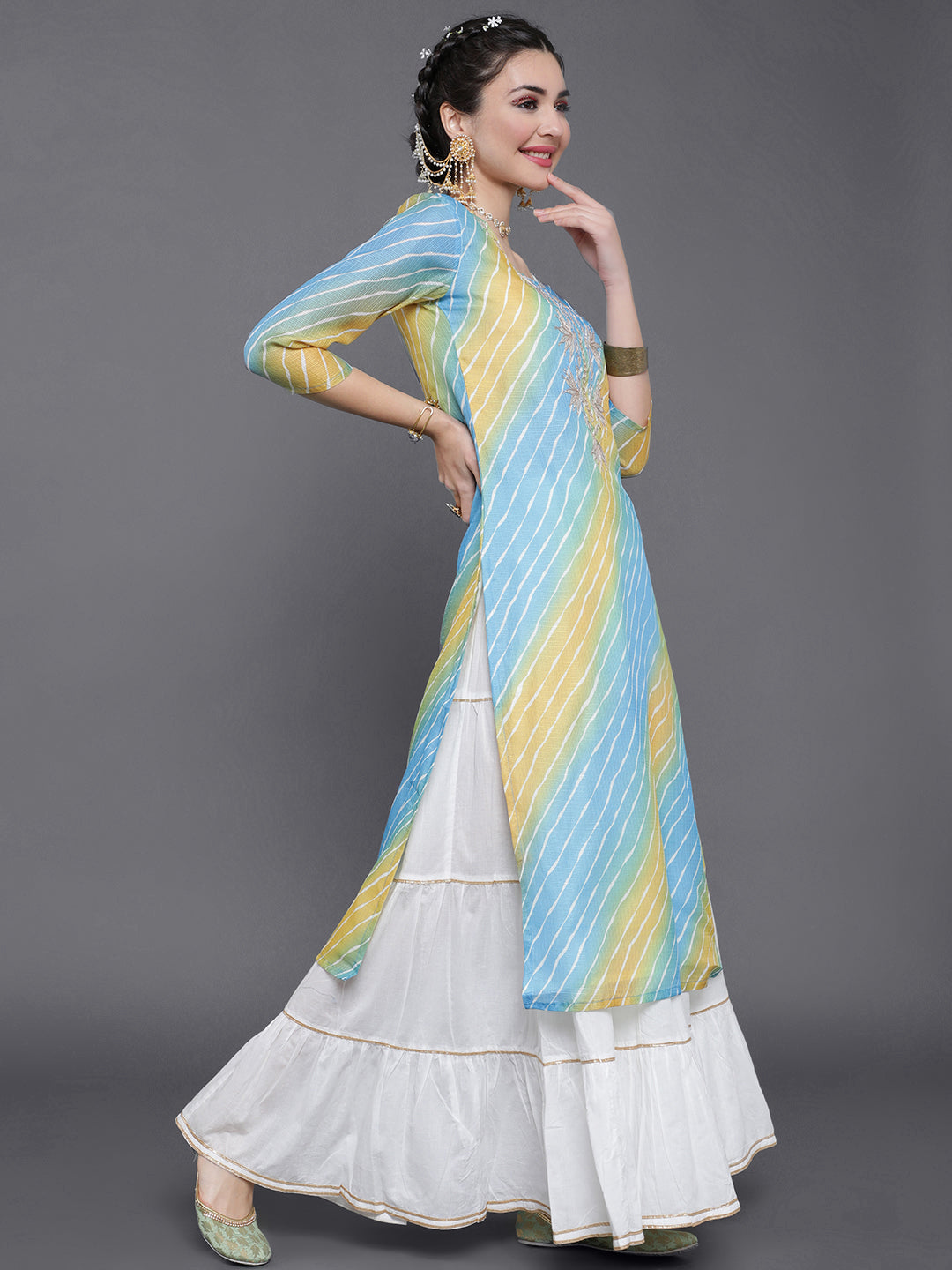 Blue Leheriya Print Yoke Embroidered Kurta