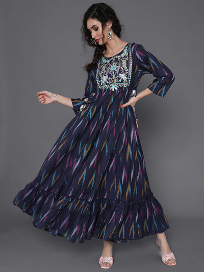 Blue Embroidered Flared Maxi Dress