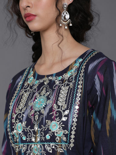 Blue Embroidered Flared Maxi Dress