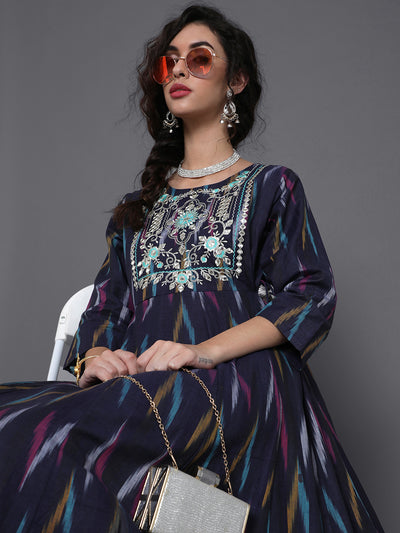 Blue Embroidered Flared Maxi Dress