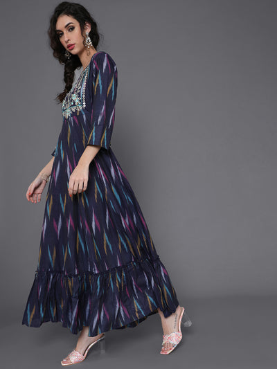 Blue Embroidered Flared Maxi Dress