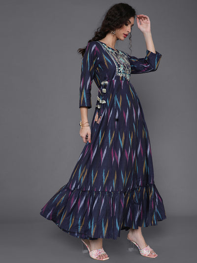 Blue Embroidered Flared Maxi Dress