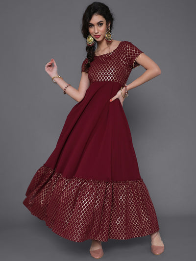 Maroon Gold Foil Print Maxi Dress