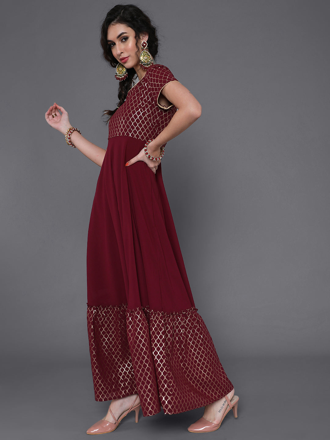 Maroon Gold Foil Print Maxi Dress